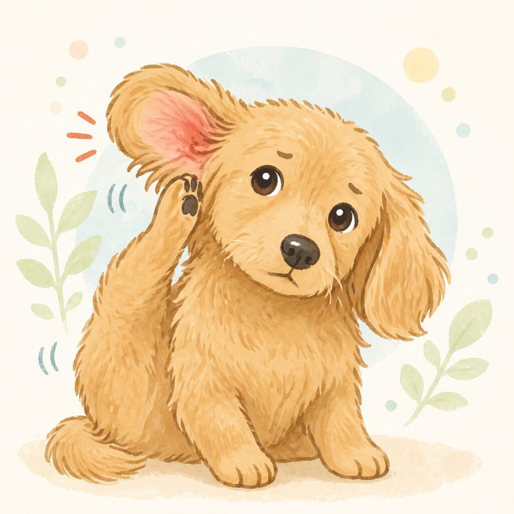 耳をかゆがり、後ろ足で掻いているわんちゃん（外耳炎やアレルギーによる耳のかゆみのイメージ）