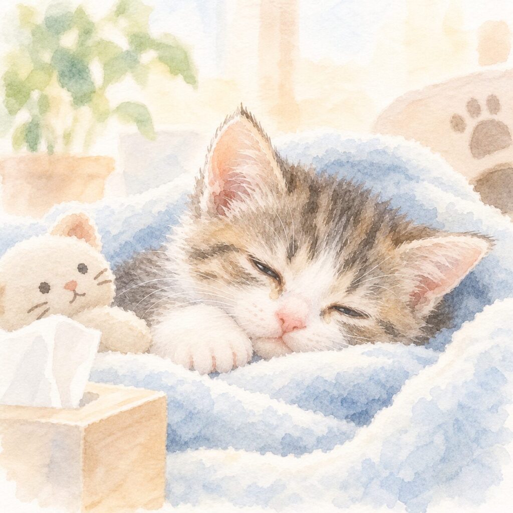 鼻水と目やにの症状がみられる子猫を描いたイラスト|猫ウイルス性鼻気管炎をイメージ