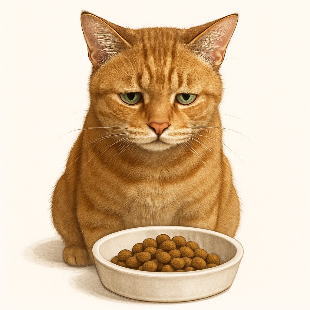 フードボウルの前で食欲がなく元気のない様子の茶トラ猫。猫のリンパ腫に見られる食欲不振のイメージ。
