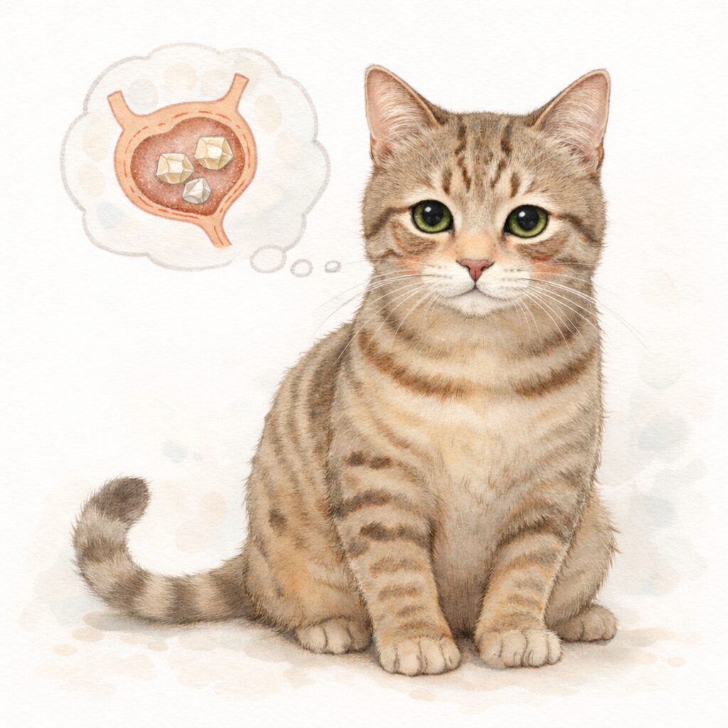 尿石症を心配する猫のイラスト。思考の吹き出しの中に結石がある膀胱の図が描かれている。