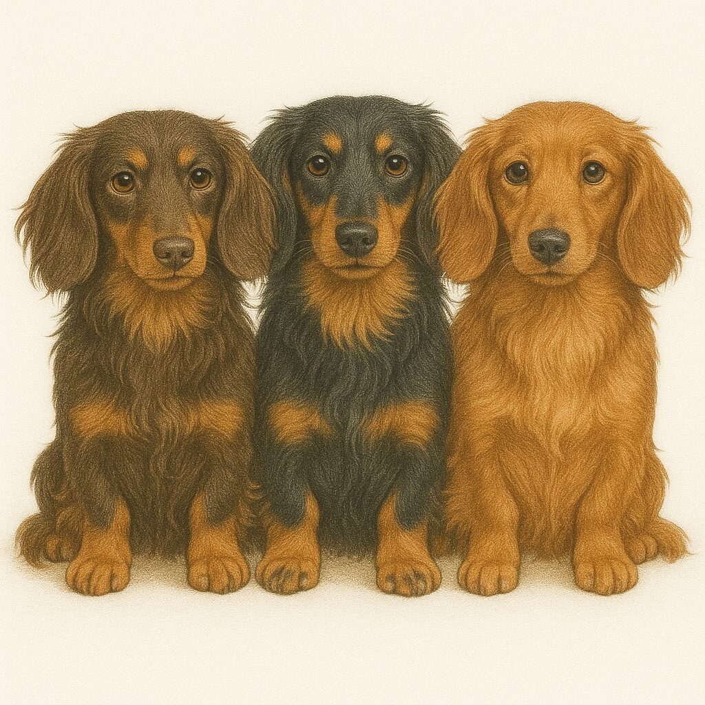 ミニチュアダックスフンド3頭が並んで座っているイラスト